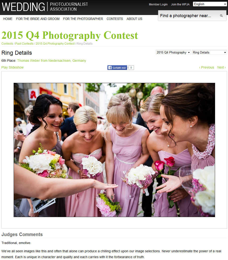 Hochzeitsfotograf Thomas Weber aus Oldenburg: Platz 6 beim internationalen Fotowettbewerb der WPJA