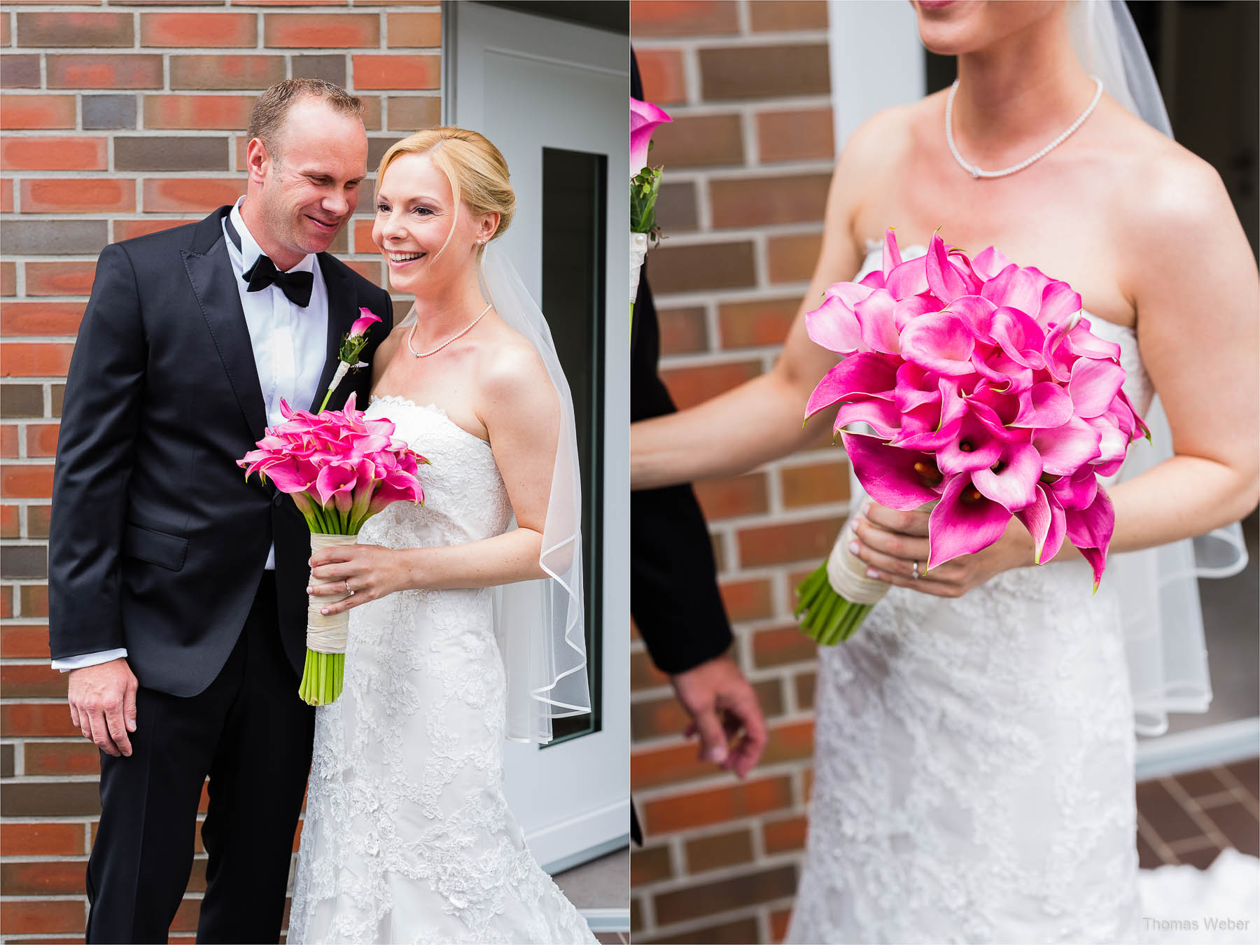 Der Bräutigam holt seine Braut mit dem Hochzeitsauto und Brautstrauß ab, Hochzeitsfotograf Oldenburg Thomas Weber