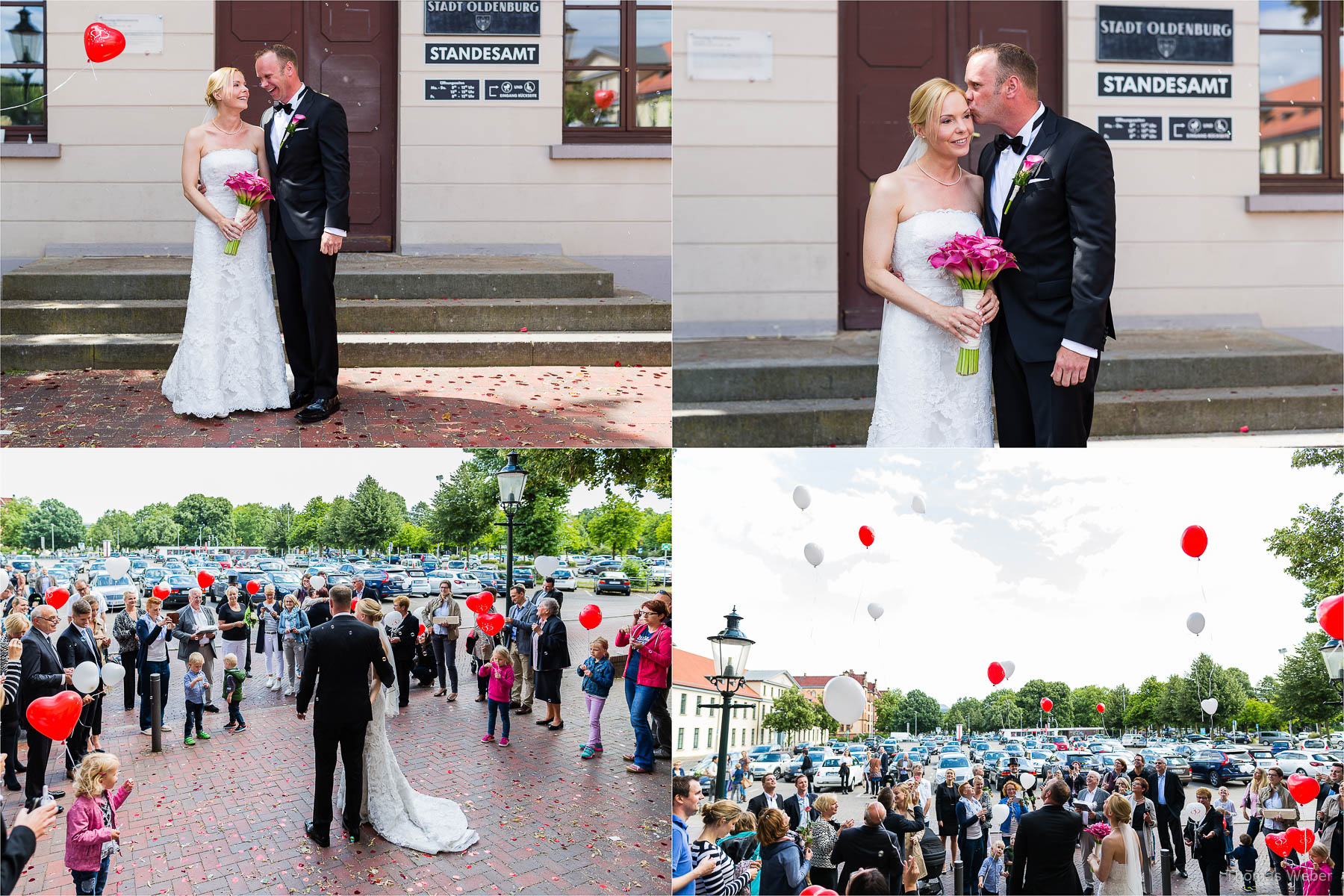 Sektempfang und Gratulation der Hochzeitsgäste vor dem Standesamt am Pferdemarkt in Oldenburg, Hochzeitsfotograf Oldenburg Thomas Weber
