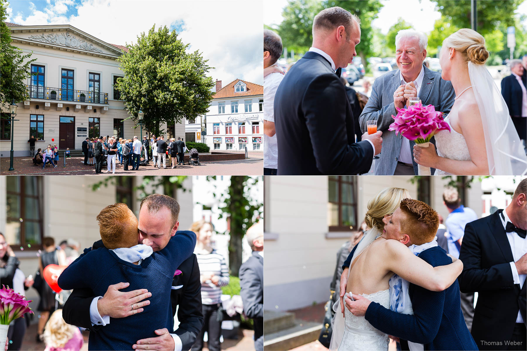 Sektempfang und Gratulation der Hochzeitsgäste vor dem Standesamt am Pferdemarkt in Oldenburg, Hochzeitsfotograf Oldenburg Thomas Weber