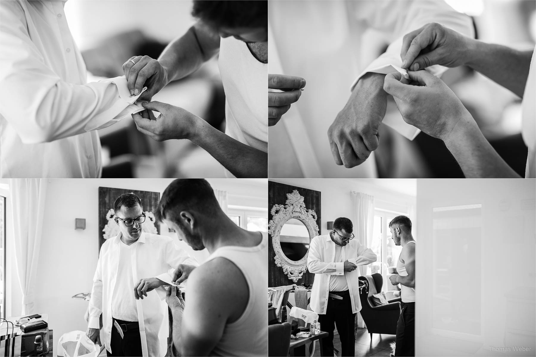 Vorbereitungen und Ankleide des Bräutigams, Kirchliche Hochzeit in Rastede und Hochzeitsfeier in der Scheune St. Georg Rastede, Hochzeitsfotograf Thomas Weber aus Oldenburg