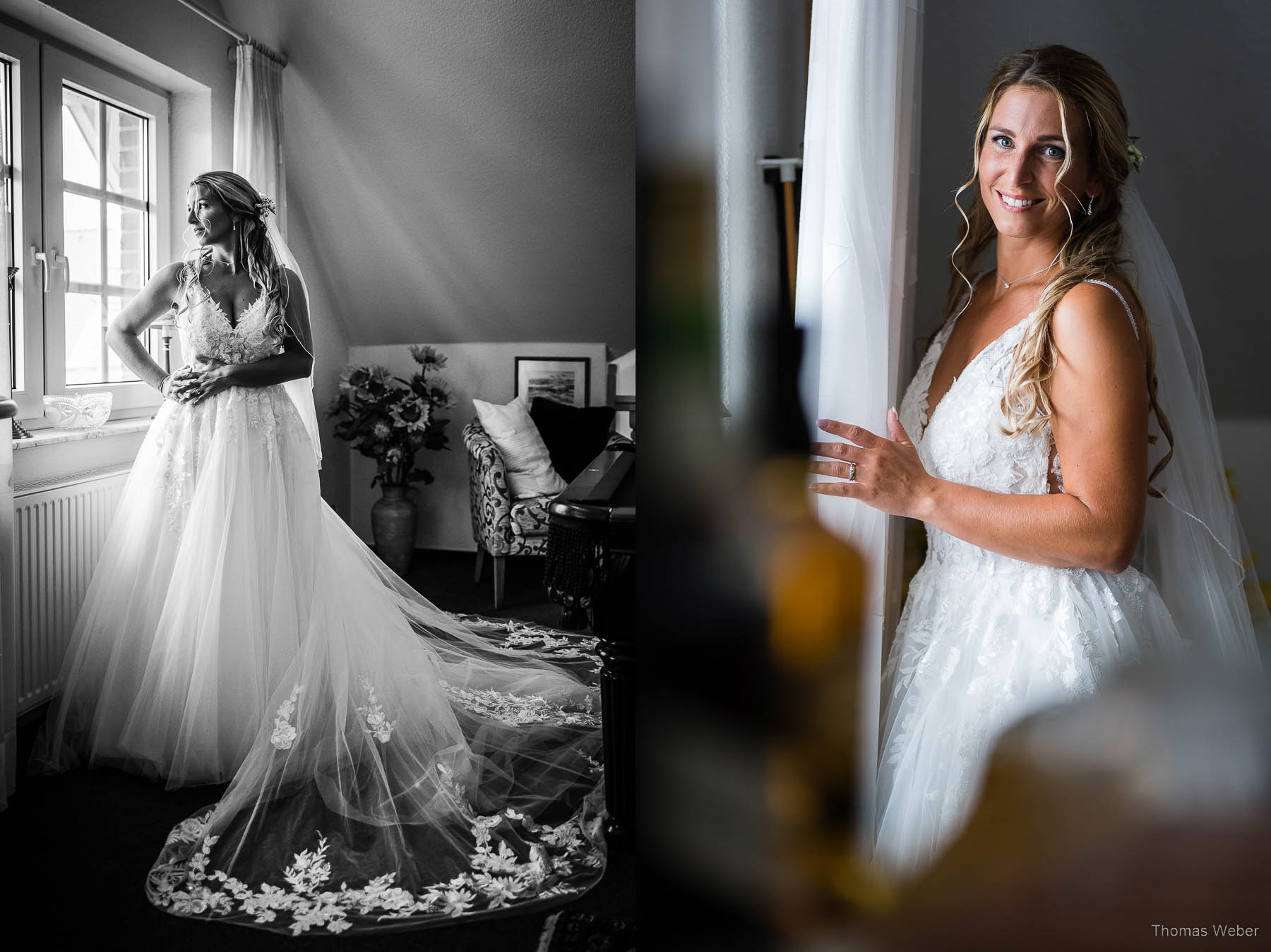 Braut und Brautkleid vor der Hochzeit in Hooksiel, Hochzeitsfotograf Thomas Weber aus Oldenburg