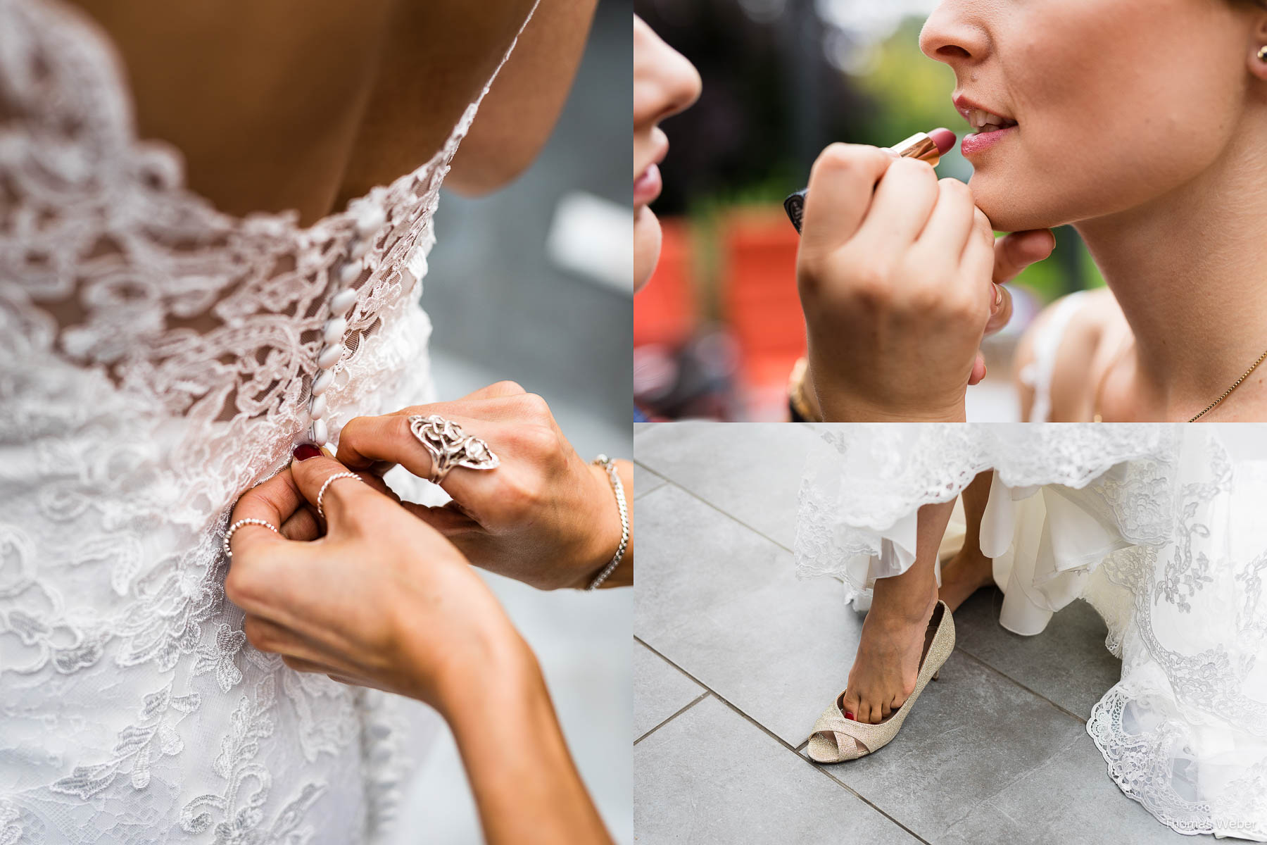 Die Braut zieht ihr Hochzeitskleid an und begrüßt Freunde & Familie, Thomas Weber, Hochzeitsfotograf in Wildeshausen